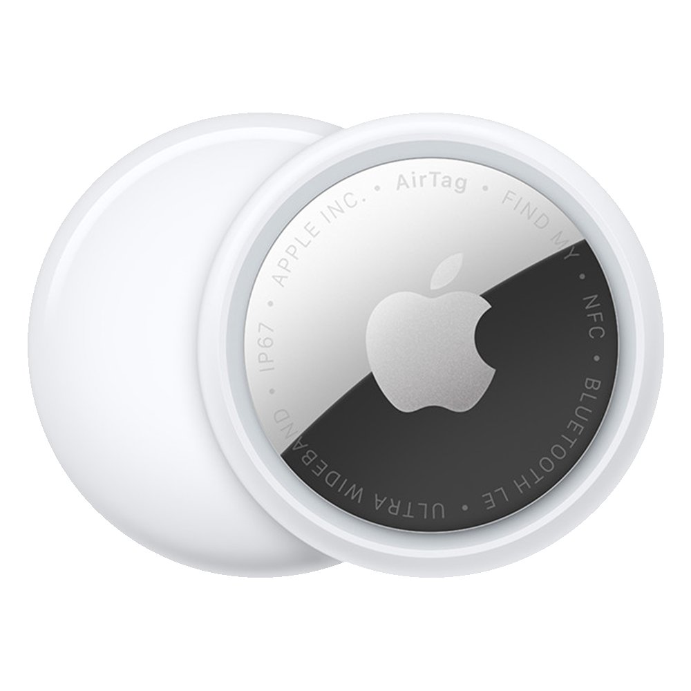 Apple AirTag with its stainless steel back marked Bluetooth LE, NFC and Ultra Wideband