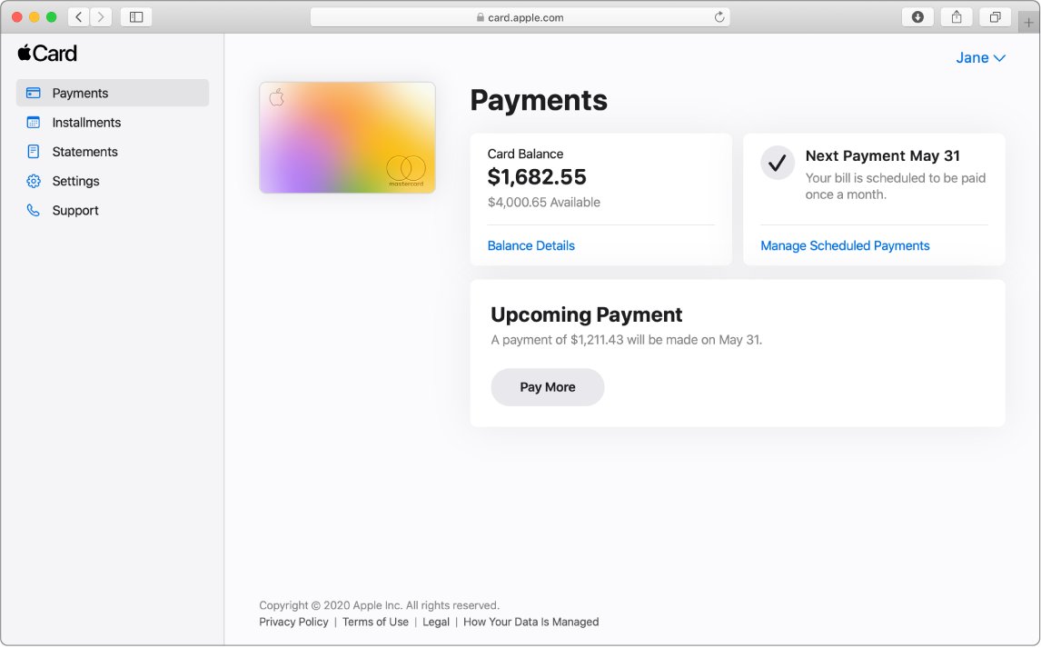 Apple Card Payments page at card.apple.com with balance and next payment