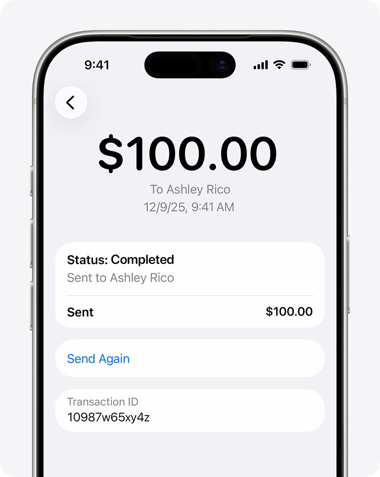 Apple Cash money arrived shown as Status Completed in transaction details