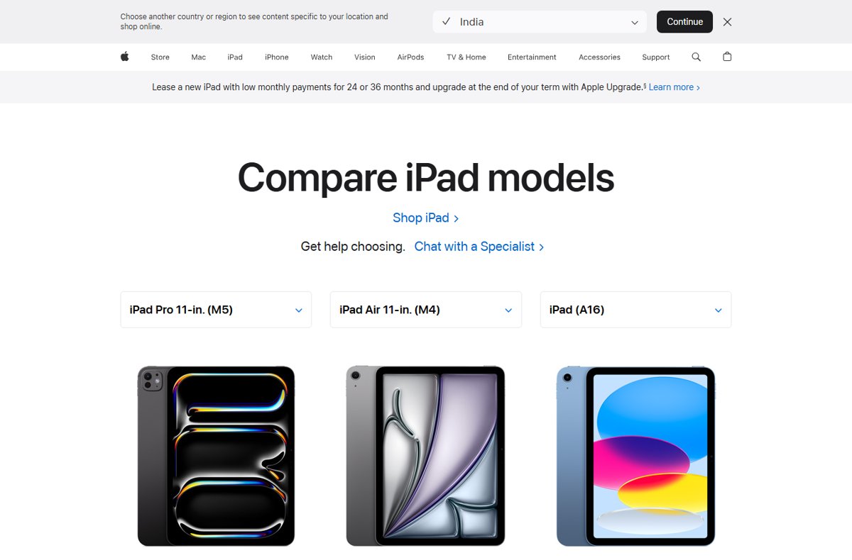 Apple Compare iPad models page with iPad Air 11-inch (M4) and iPad (A16)