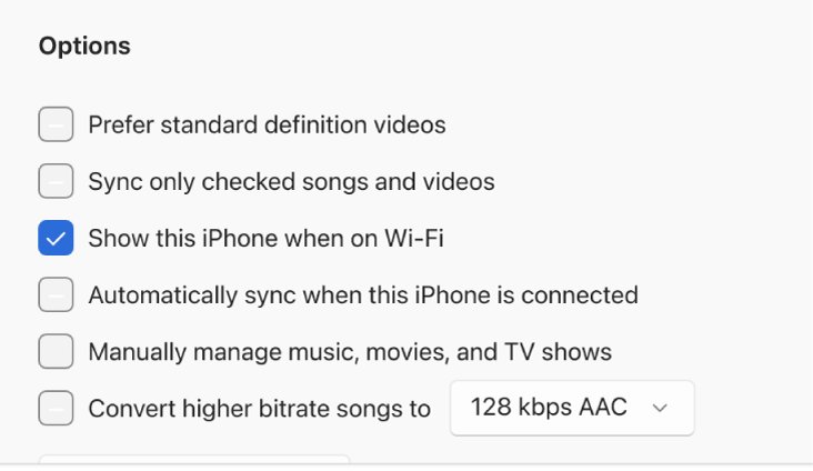 Apple Devices app Wi-Fi sync option Show this iPhone when on Wi-Fi ticked