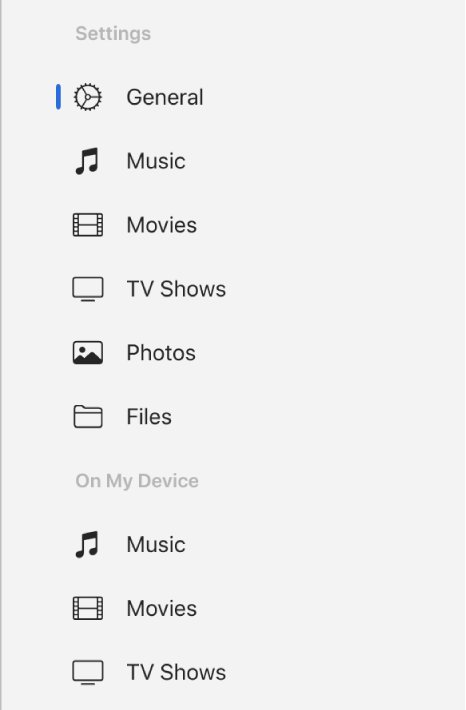 Apple Devices app opens on screen with General, Music and Files in the sidebar