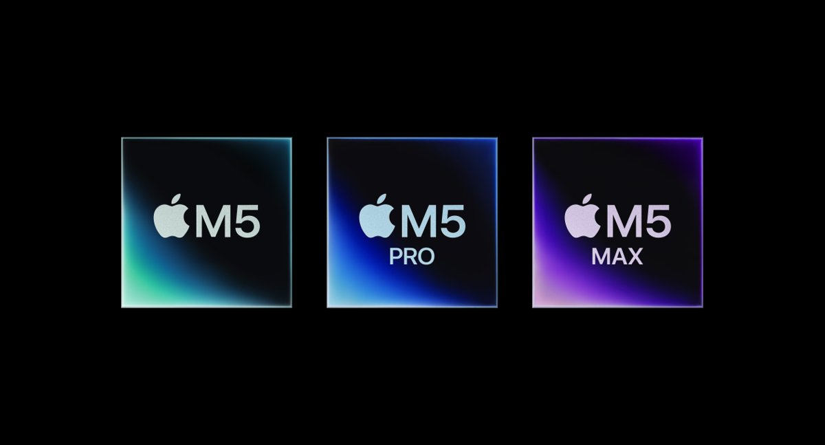Apple M5, M5 Pro and M5 Max chip badges in a row