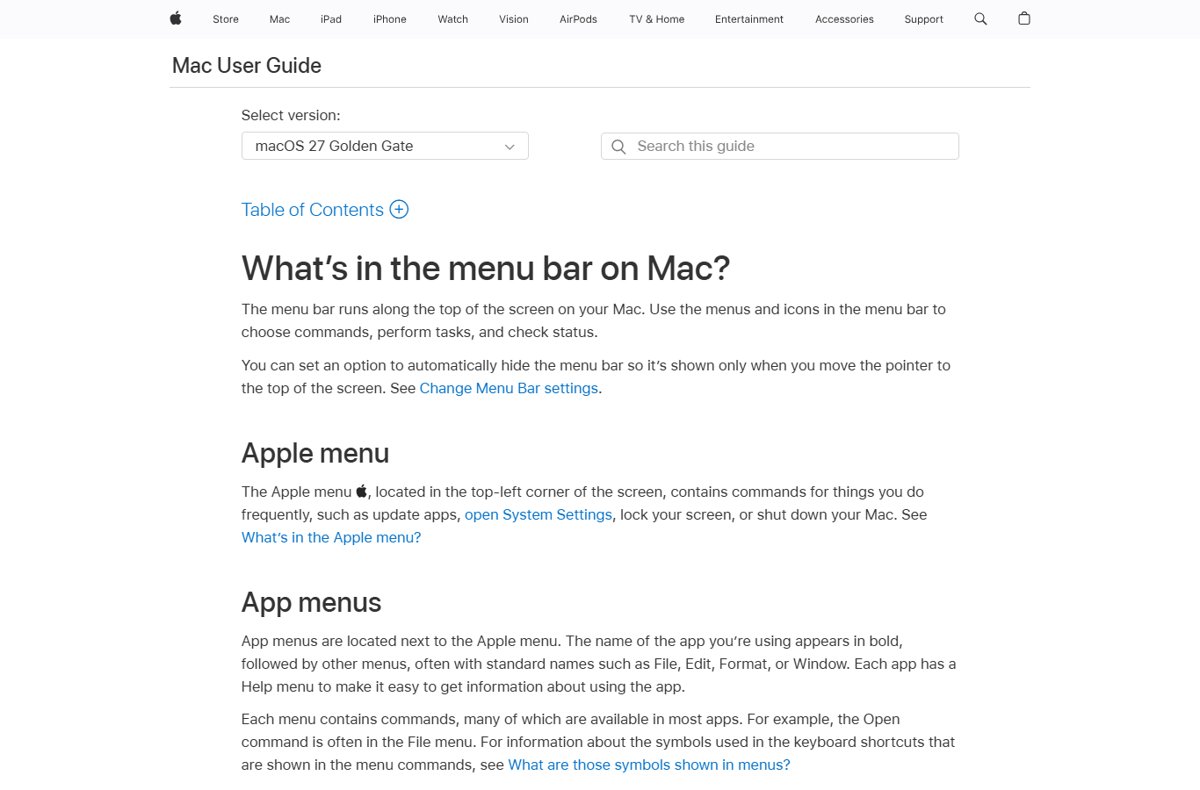 Apple Mac User Guide page explaining the menu bar, Apple menu and app menus