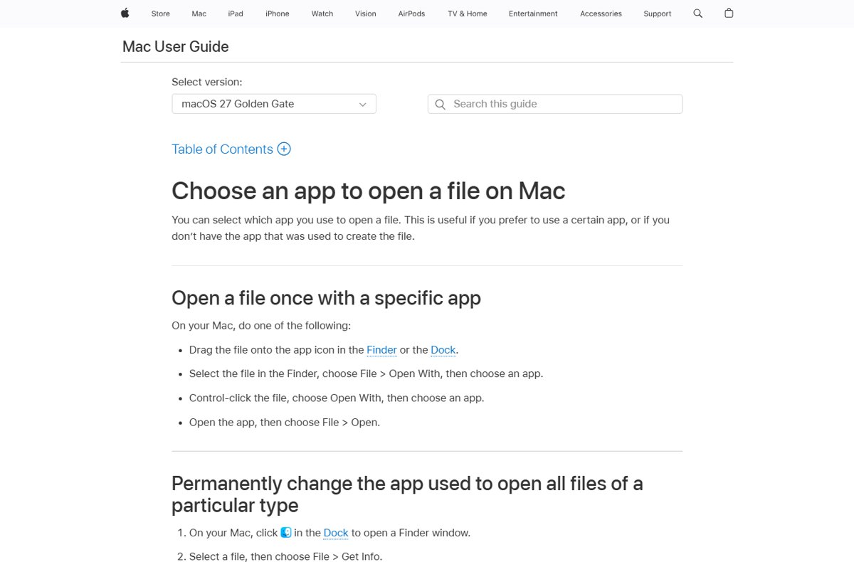 Apple Mac User Guide page on choosing an app to open a file