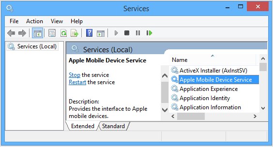 Apple Mobile Device Service for iTunes selected in the Windows Services console