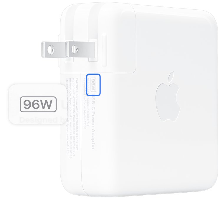 Apple USB-C power adapter wattage printed on 96W adapter
