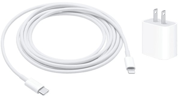 Apple USB-C to Lightning cable next to a USB-C wall adapter