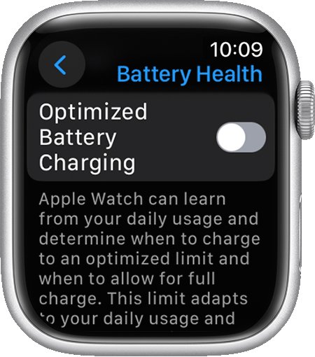 Apple Watch Battery Health screen with the Optimized Battery Charging switch