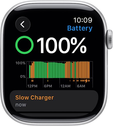 Apple Watch Battery screen at 100% with a Slow Charger notice
