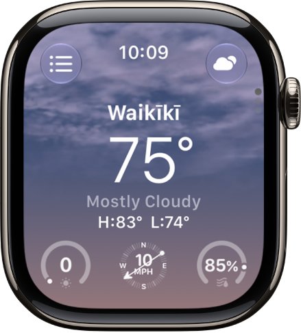 Apple Watch Weather overview with current temperature, conditions and wind