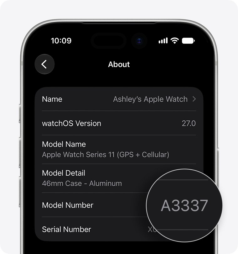 Apple Watch app About screen listing model name and model number