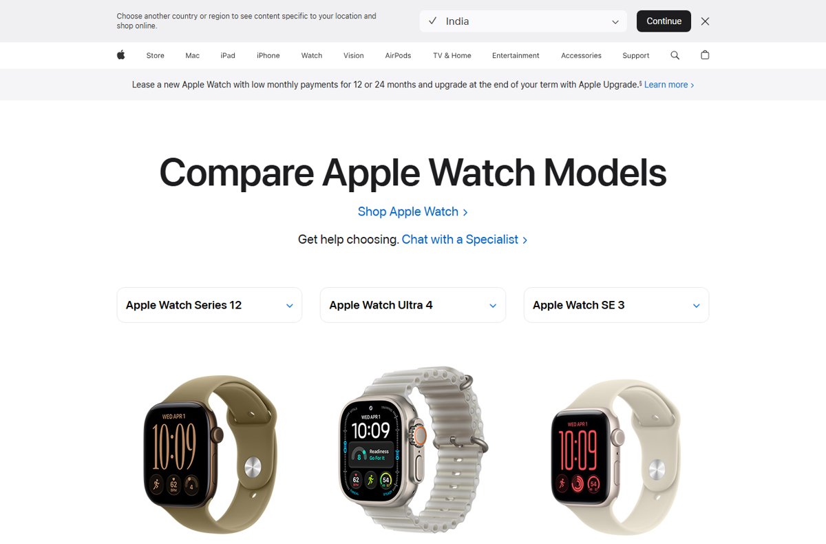 Apple Watch compare page showing Series 12, Ultra 4 and SE 3
