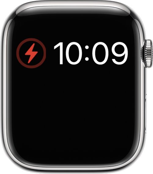 Apple Watch face showing a red lightning bolt inside a ring beside the time