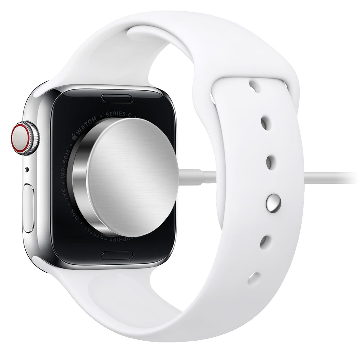 Apple Watch resting back-down on its magnetic charging puck