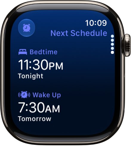 Apple Watch sleep mode schedule showing next bedtime and wake up times