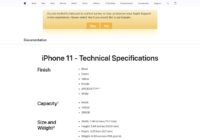 Apple iPhone 11 technical specifications page listing size and weight