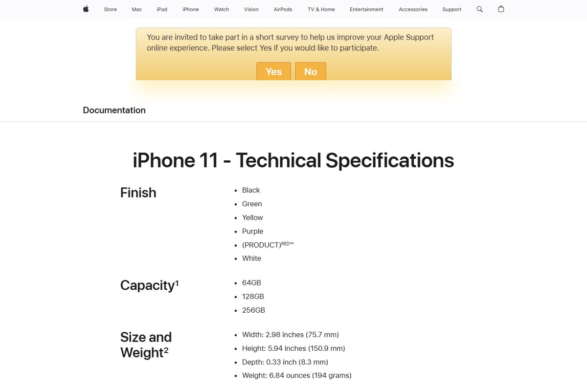 Apple iPhone 11 technical specifications page listing size and weight
