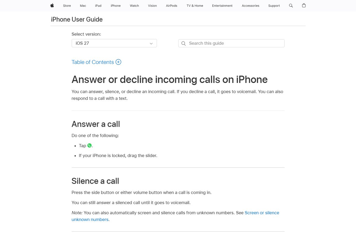 Apple iPhone User Guide page on answering, silencing or declining calls