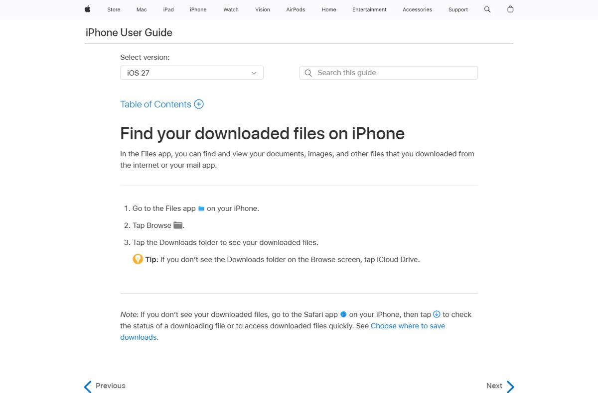 Apple iPhone User Guide steps for finding the downloads folder in the Files app