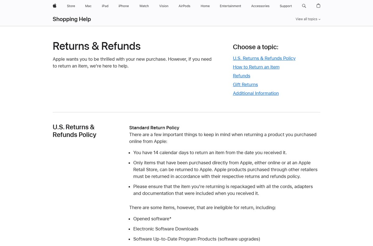 Apple online vs in-store returns on the Returns and Refunds help page