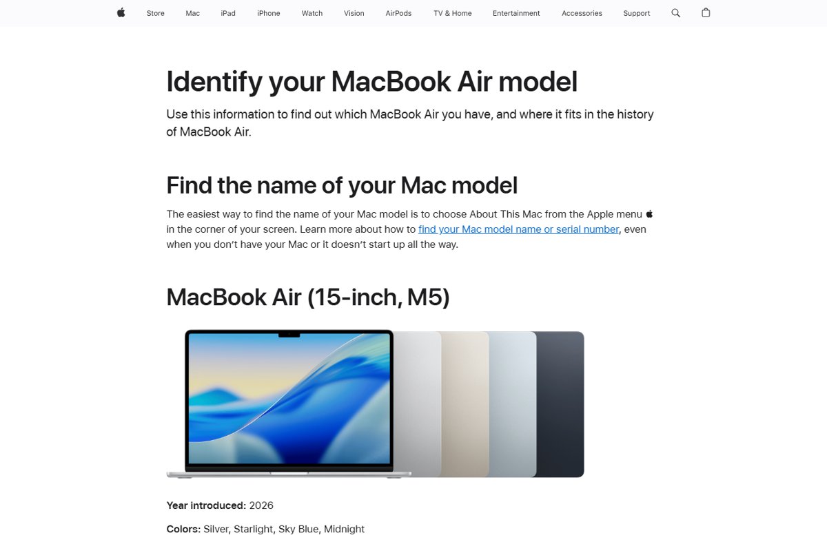 Apple support page for identifying your MacBook Air model