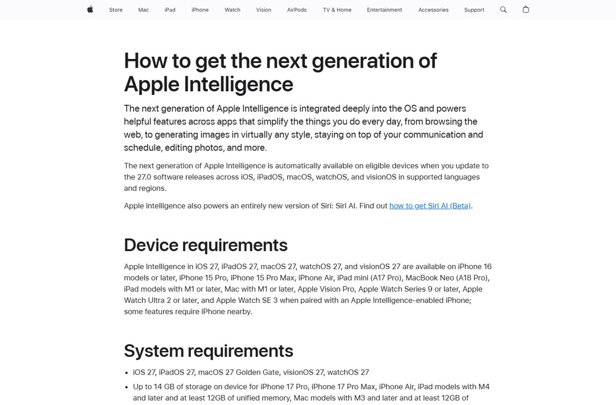 Apple support page listing Apple Intelligence device requirements for iOS 27