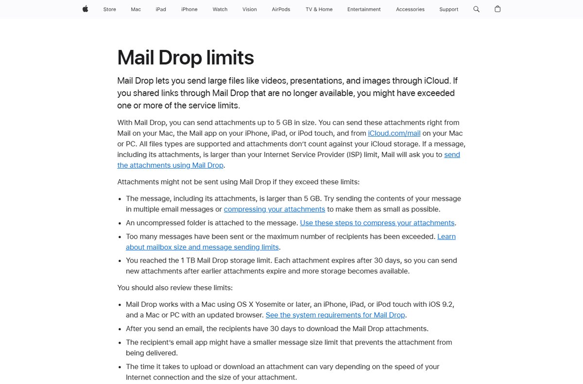 Apple support page listing Mail Drop size, storage and expiry limits