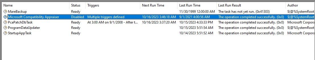 Application Experience tasks with Microsoft Compatibility Appraiser showing Disabled status