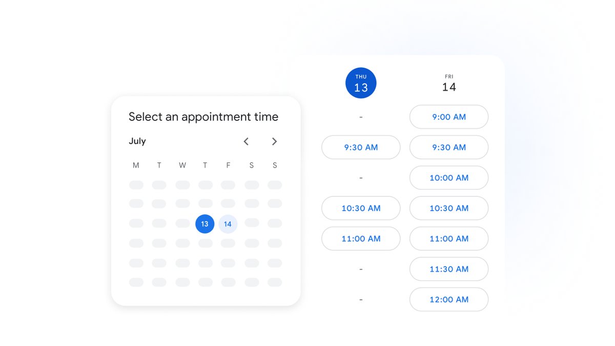 Appointment booking page with a month picker and open time slots