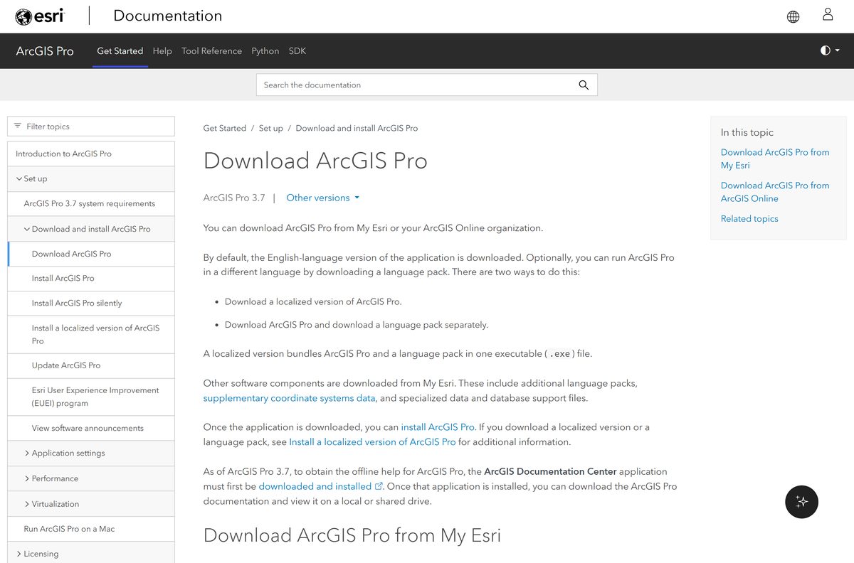 Esri documentation page explaining where to download ArcGIS Pro