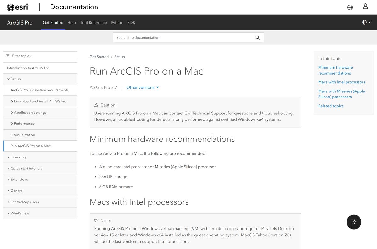 Esri page covering ArcGIS Pro on Mac hardware
