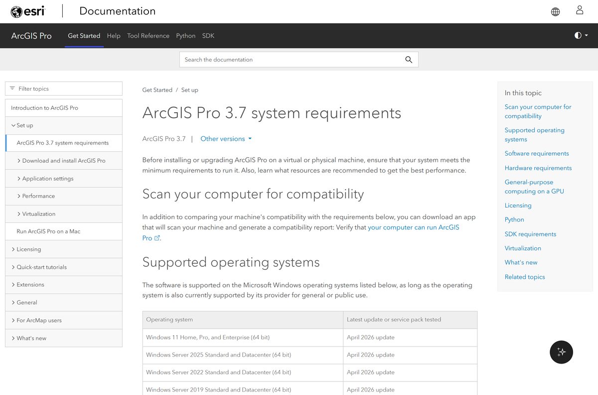 Esri requirements page listing supported Windows builds for ArcGIS Pro