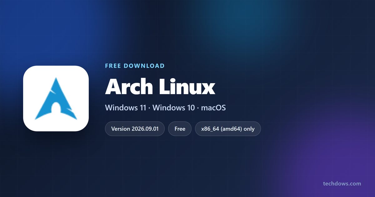 Arch Linux spec card with release, kernel, license and architecture