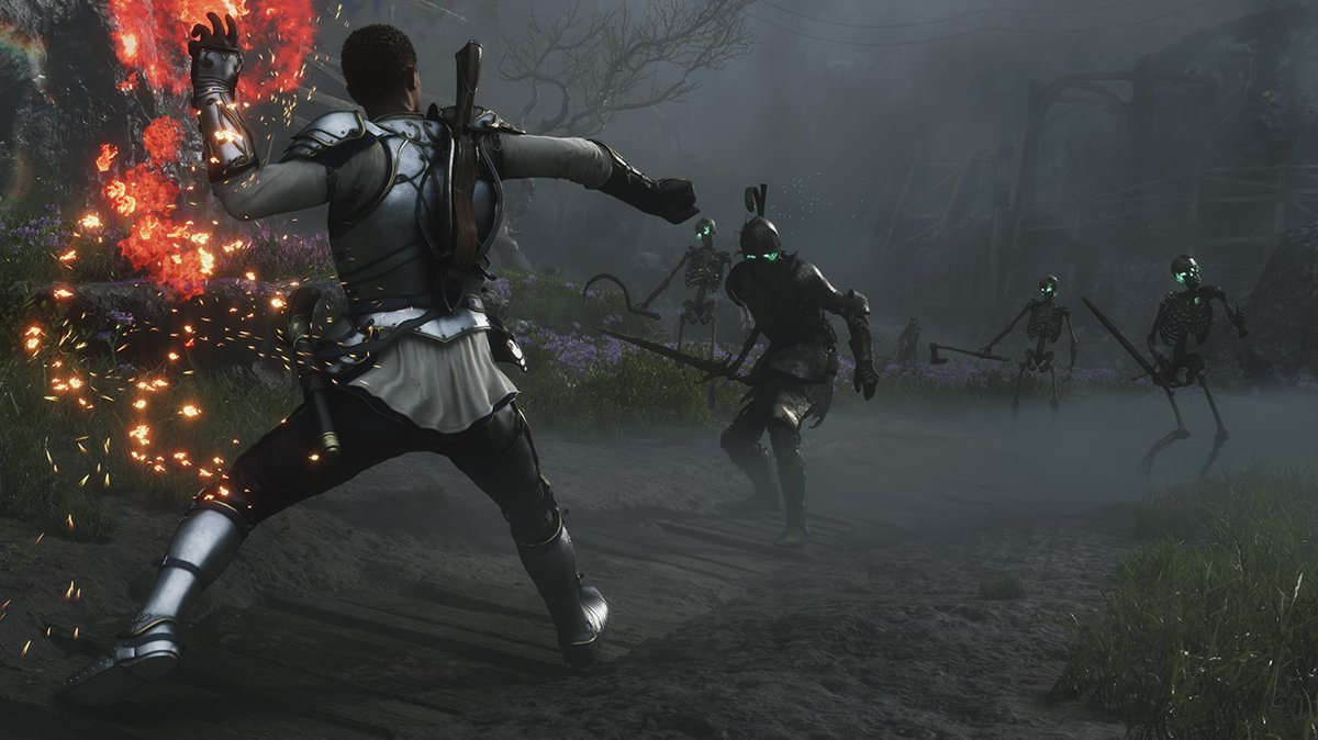 Armored hero casting fire magic at skeleton warriors on a foggy road
