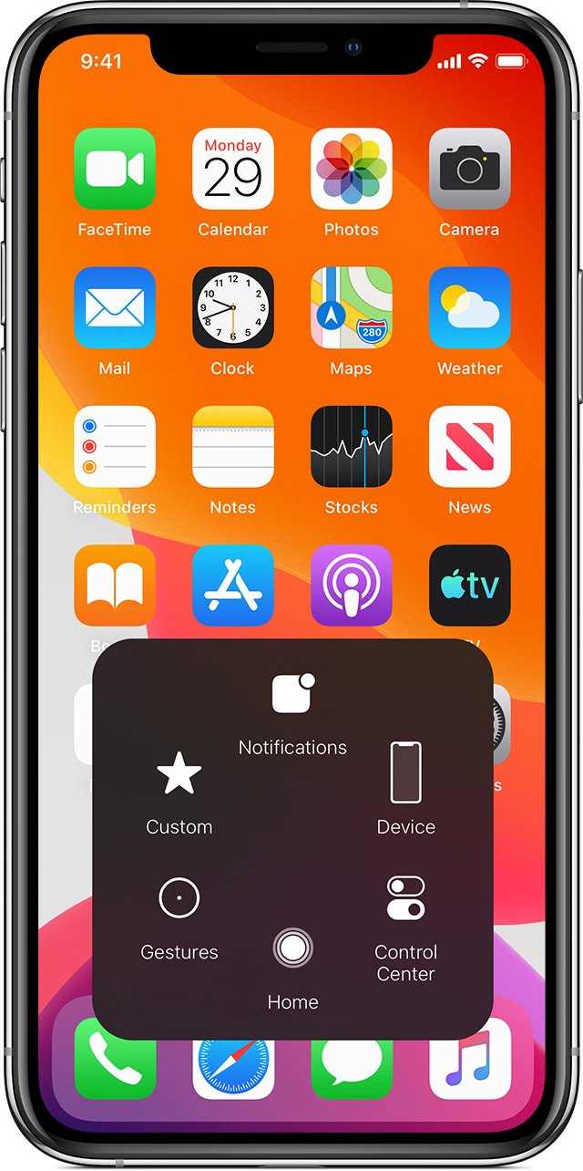 AssistiveTouch menu open over the iPhone Home Screen