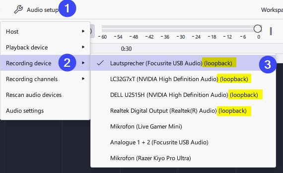 Audacity Recording device menu listing loopback entries for each output device