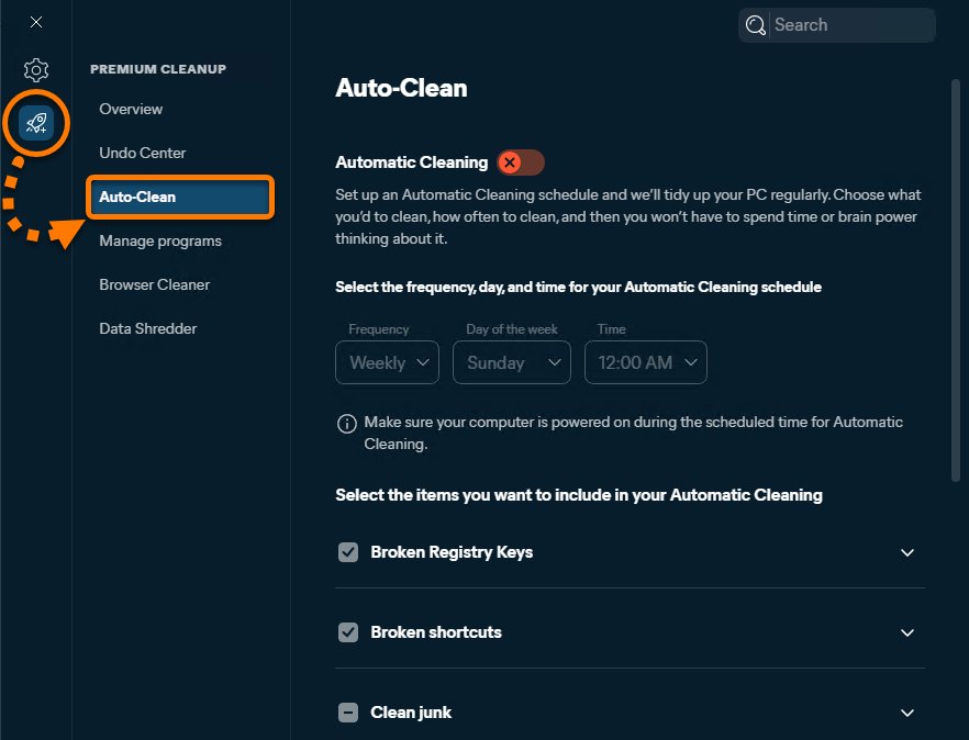 Auto-Clean settings with the Automatic Cleaning switch and a weekly schedule