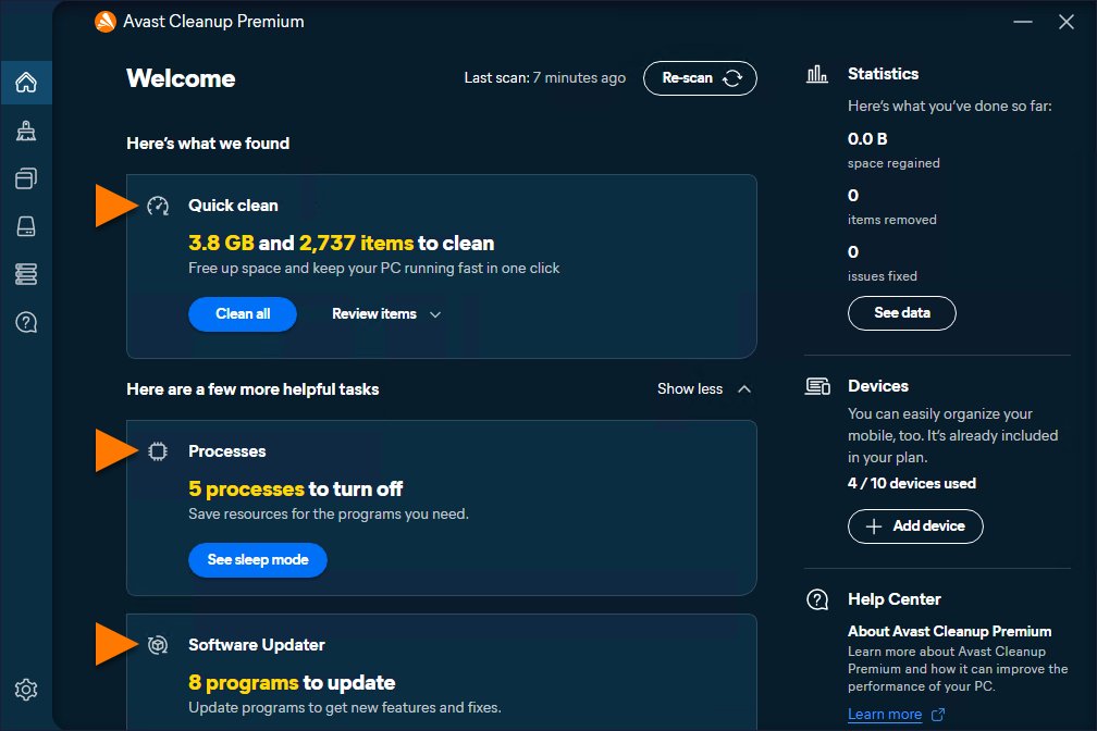 Avast Cleanup Premium home screen with Quick clean, Processes and Software Updater