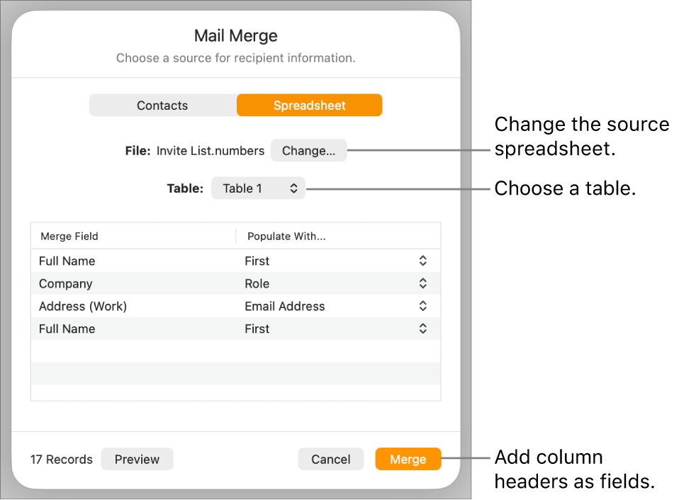 Avery labels from Numbers with Pages mail merge spreadsheet source
