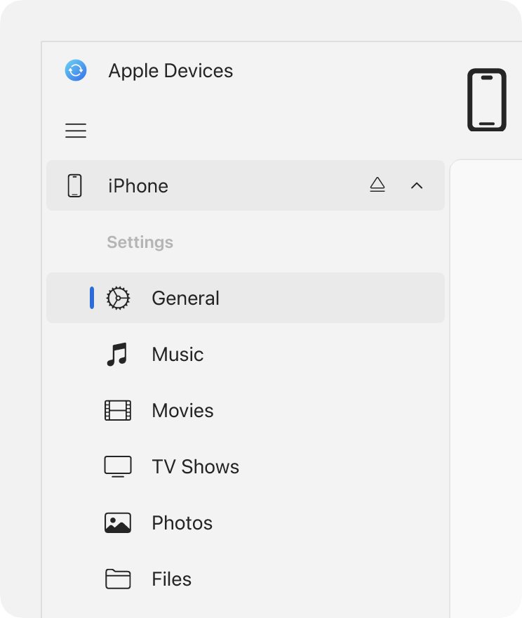 Back up to PC using the Apple Devices app with iPhone selected