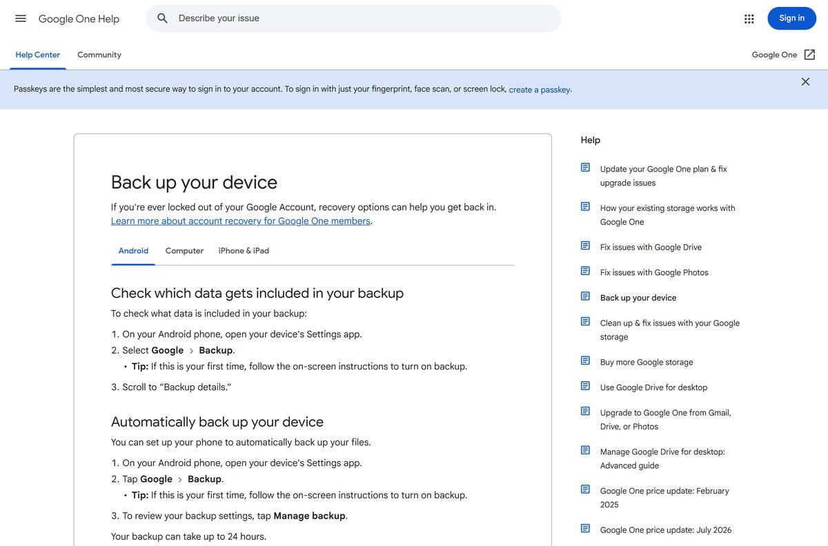 Google help page on backing up an Android phone to Google One