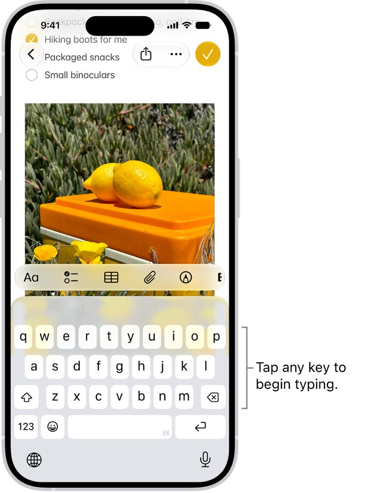 Backslash keyboard on iPhone: onscreen letter keyboard open in Notes