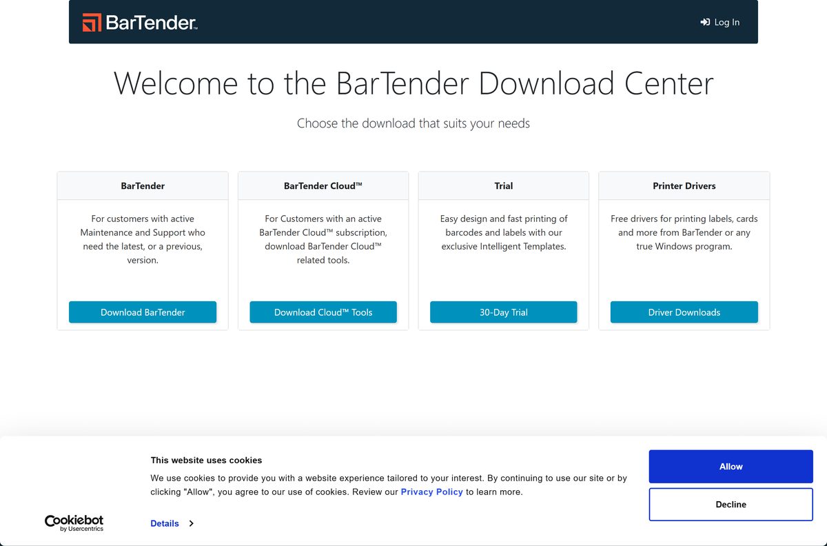 BarTender Download Center with trial, Cloud and driver options
