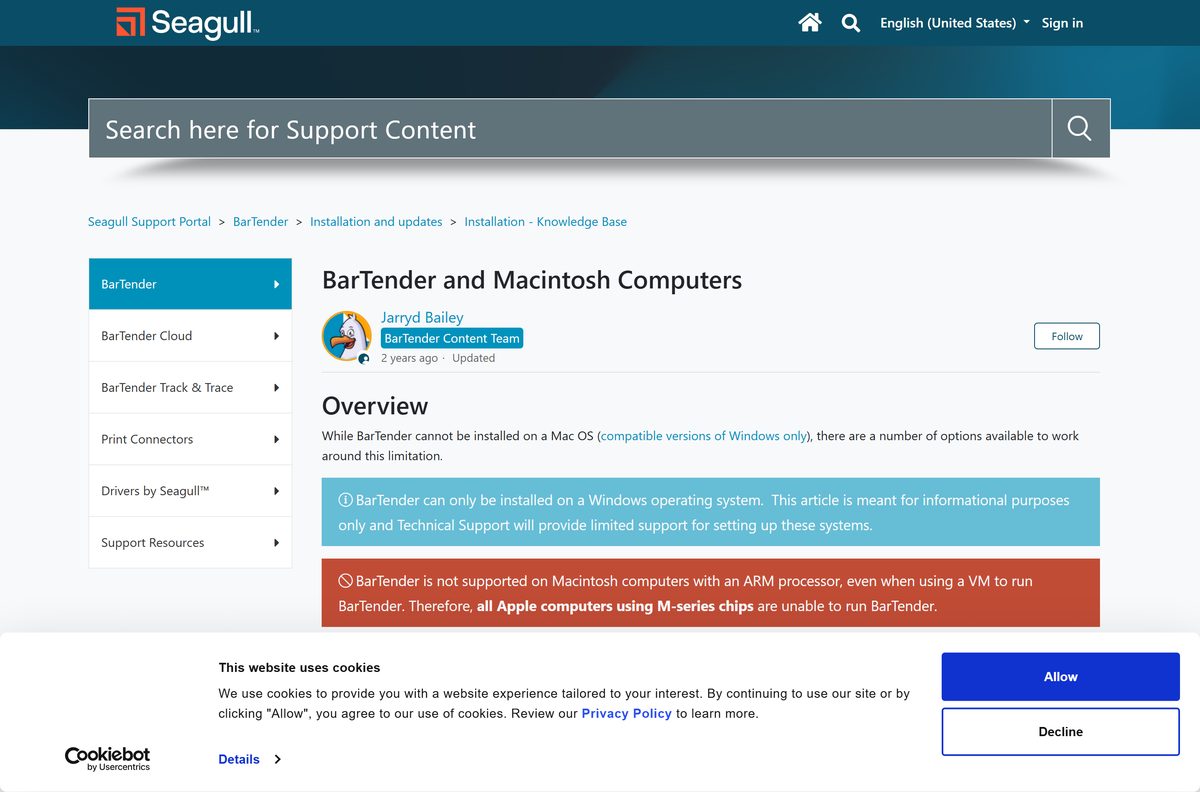 Seagull article on running BarTender with Macintosh computers