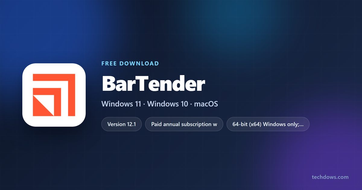 BarTender card with version, price model and supported Windows