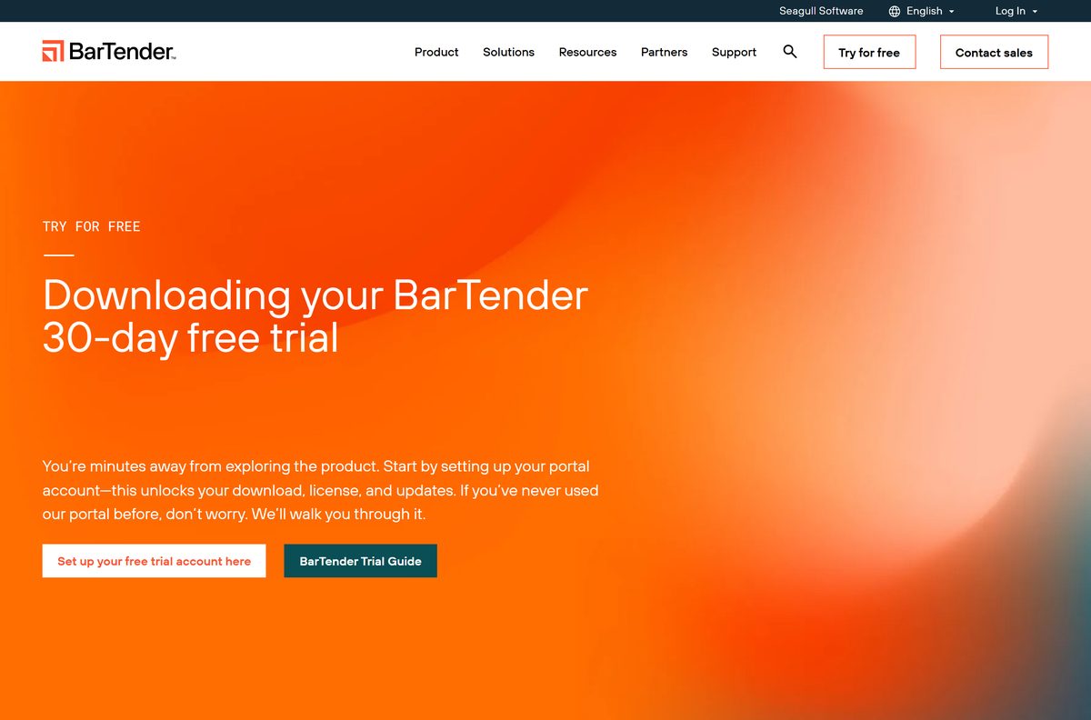 BarTender free trial page on the Seagull website