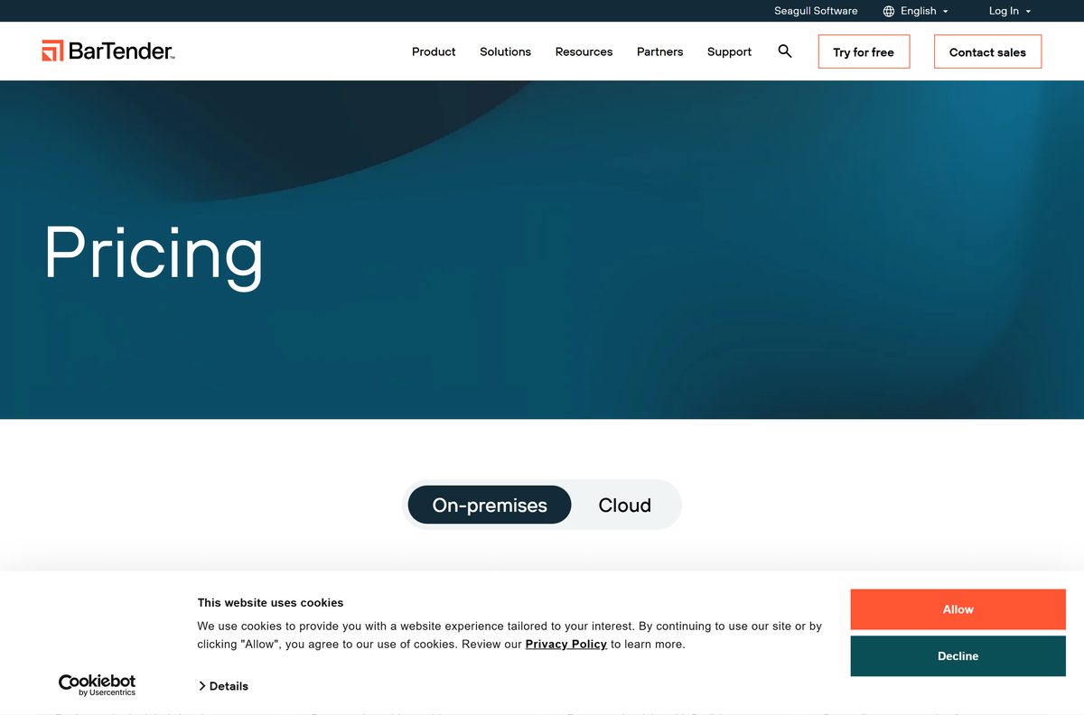 BarTender pricing page listing on-premises and Cloud editions