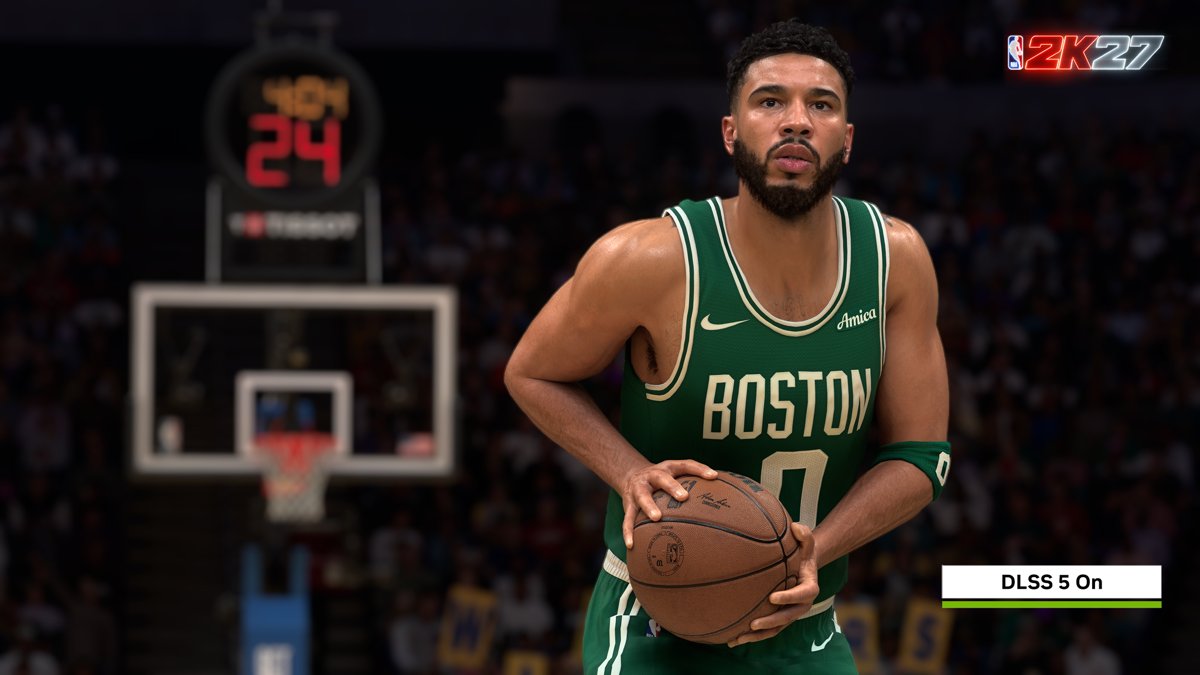 Basketball game frame labelled DLSS 5 On