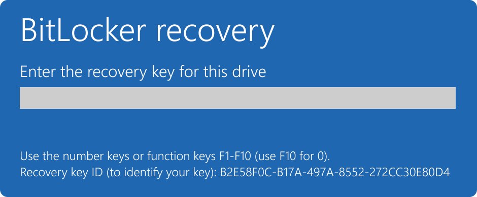 BitLocker recovery key screen that can appear after a Defender Offline scan